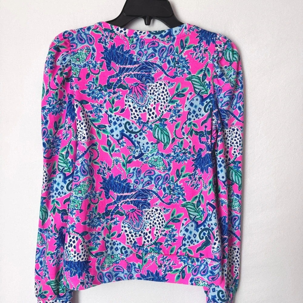 Lilly Pulitzer Etta Top Women Small Pink Animal Print Puff Sleeve Boho